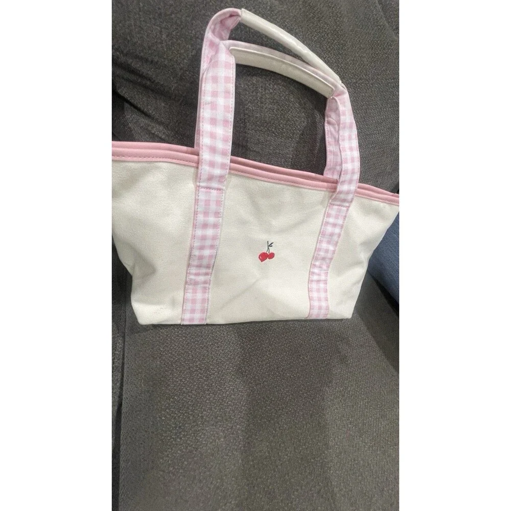 Malbon Golf Canvas Tote Bag Pink Gingham Cherry Embroidered Ivory Shopper Bag